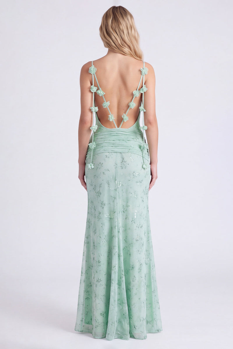 Laden Sie das Bild in den Galerie-Viewer, Salbei Meerjungfrau Floral Chiffon Spaghettiträger Langes Brautjungfernkleid