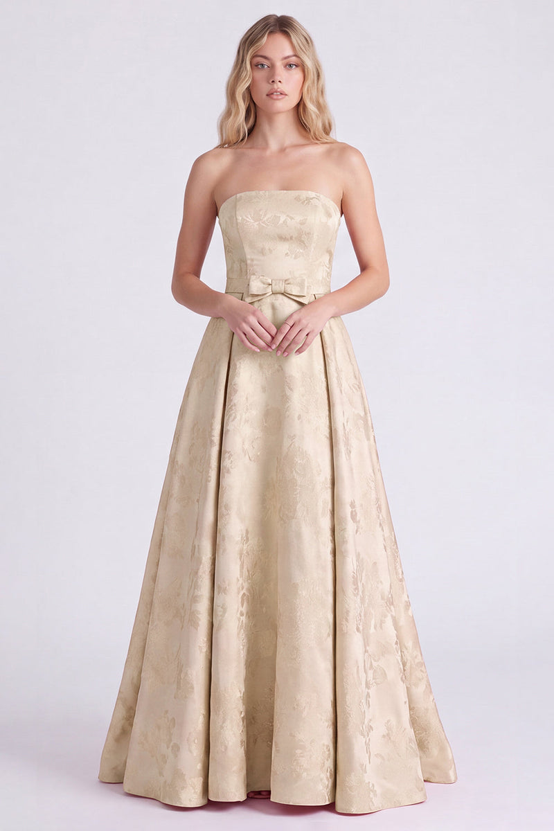 Laden Sie das Bild in den Galerie-Viewer, Trägerloses Rosa A-Linie Satin Langes Brautjungfernkleid mit Schleife