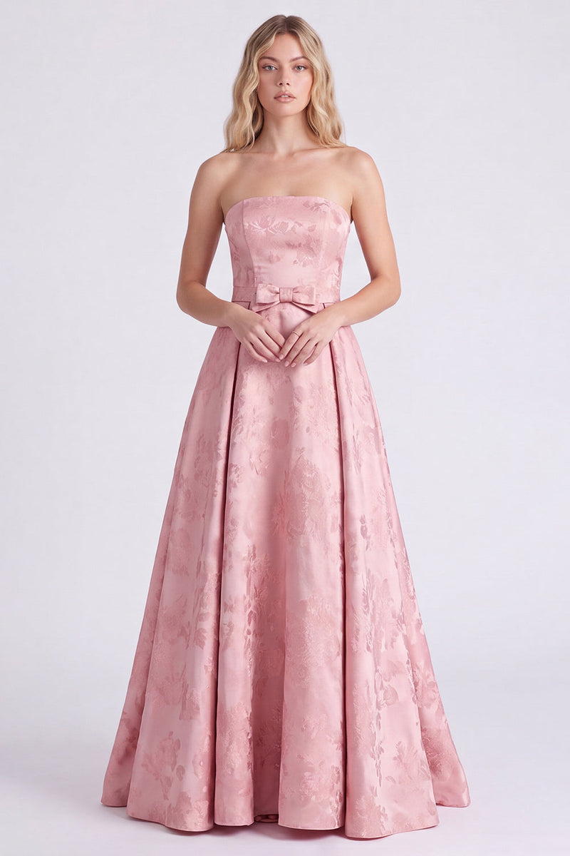 Laden Sie das Bild in den Galerie-Viewer, Trägerloses Rosa A-Linie Satin Langes Brautjungfernkleid mit Schleife