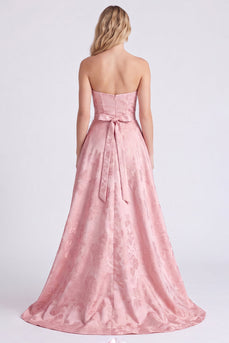 Trägerloses Rosa A-Linie Satin Langes Brautjungfernkleid mit Schleife