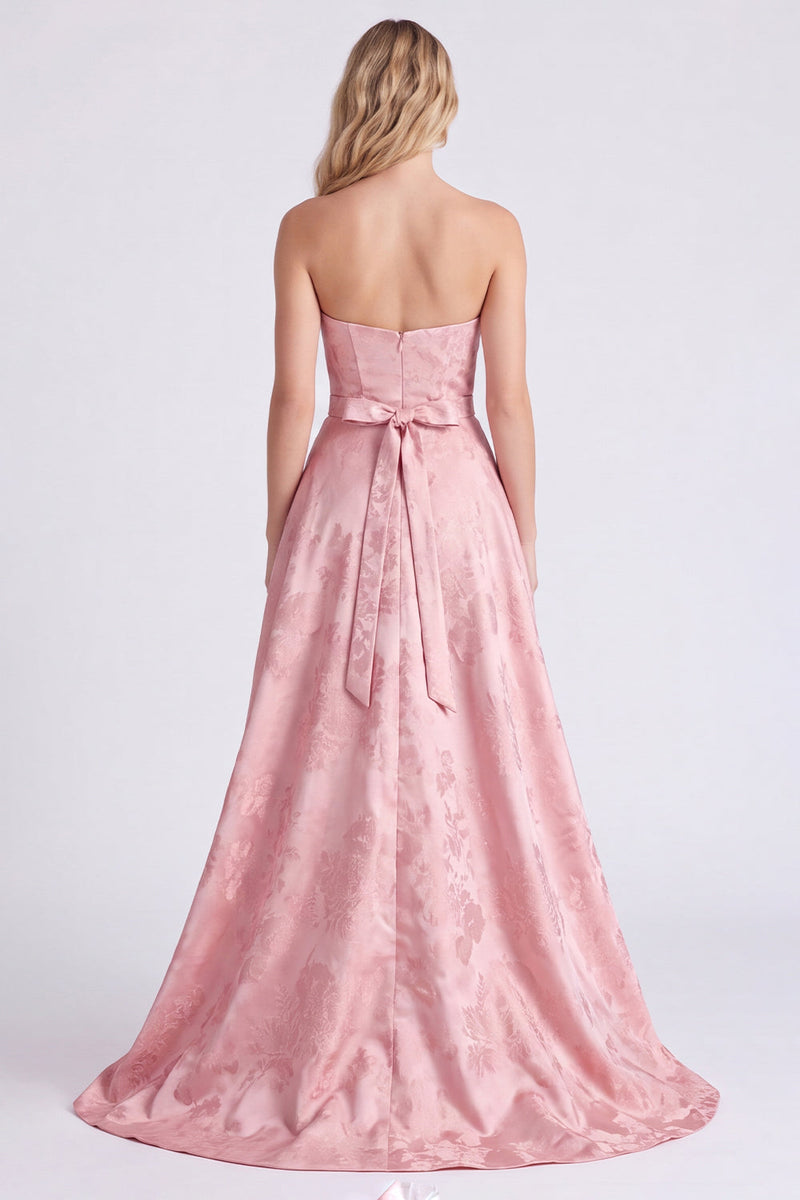 Laden Sie das Bild in den Galerie-Viewer, Trägerloses Rosa A-Linie Satin Langes Brautjungfernkleid mit Schleife