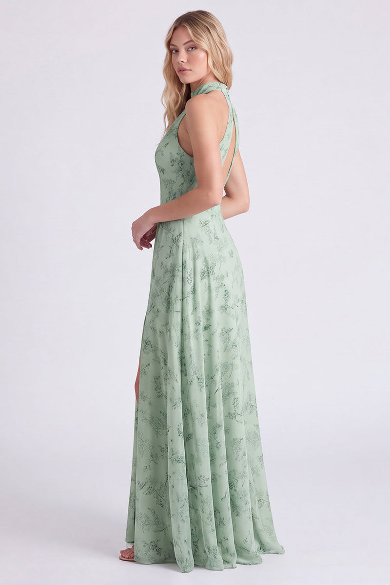 Laden Sie das Bild in den Galerie-Viewer, Salbei A-Linie Neckholder Geblümtes Chiffon Langes Brautjungfernkleid mit Schlitz