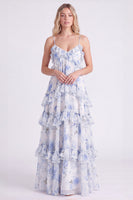 Laden Sie das Bild in den Galerie-Viewer, A-Linie Rosa Blumen Chiffon Gestuftes Spaghetti-Träger Langes Brautjungfernkleid mit Rüschen