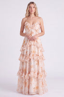 Laden Sie das Bild in den Galerie-Viewer, A-Linie Rosa Blumen Chiffon Gestuftes Spaghetti-Träger Langes Brautjungfernkleid mit Rüschen