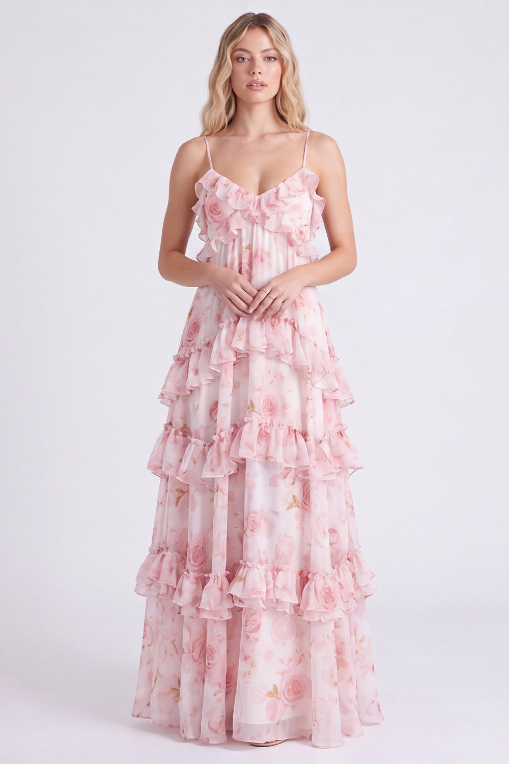 A-Linie Rosa Blumen Chiffon Gestuftes Spaghetti-Träger Langes Brautjungfernkleid mit Rüschen