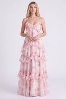 Laden Sie das Bild in den Galerie-Viewer, A-Linie Rosa Blumen Chiffon Gestuftes Spaghetti-Träger Langes Brautjungfernkleid mit Rüschen