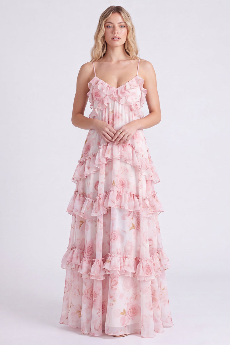 Laden Sie das Bild in den Galerie-Viewer, A-Linie Rosa Blumen Chiffon Gestuftes Spaghetti-Träger Langes Brautjungfernkleid mit Rüschen