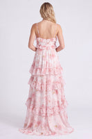 Laden Sie das Bild in den Galerie-Viewer, A-Linie Rosa Blumen Chiffon Gestuftes Spaghetti-Träger Langes Brautjungfernkleid mit Rüschen