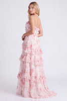 Laden Sie das Bild in den Galerie-Viewer, A-Linie Rosa Blumen Chiffon Gestuftes Spaghetti-Träger Langes Brautjungfernkleid mit Rüschen