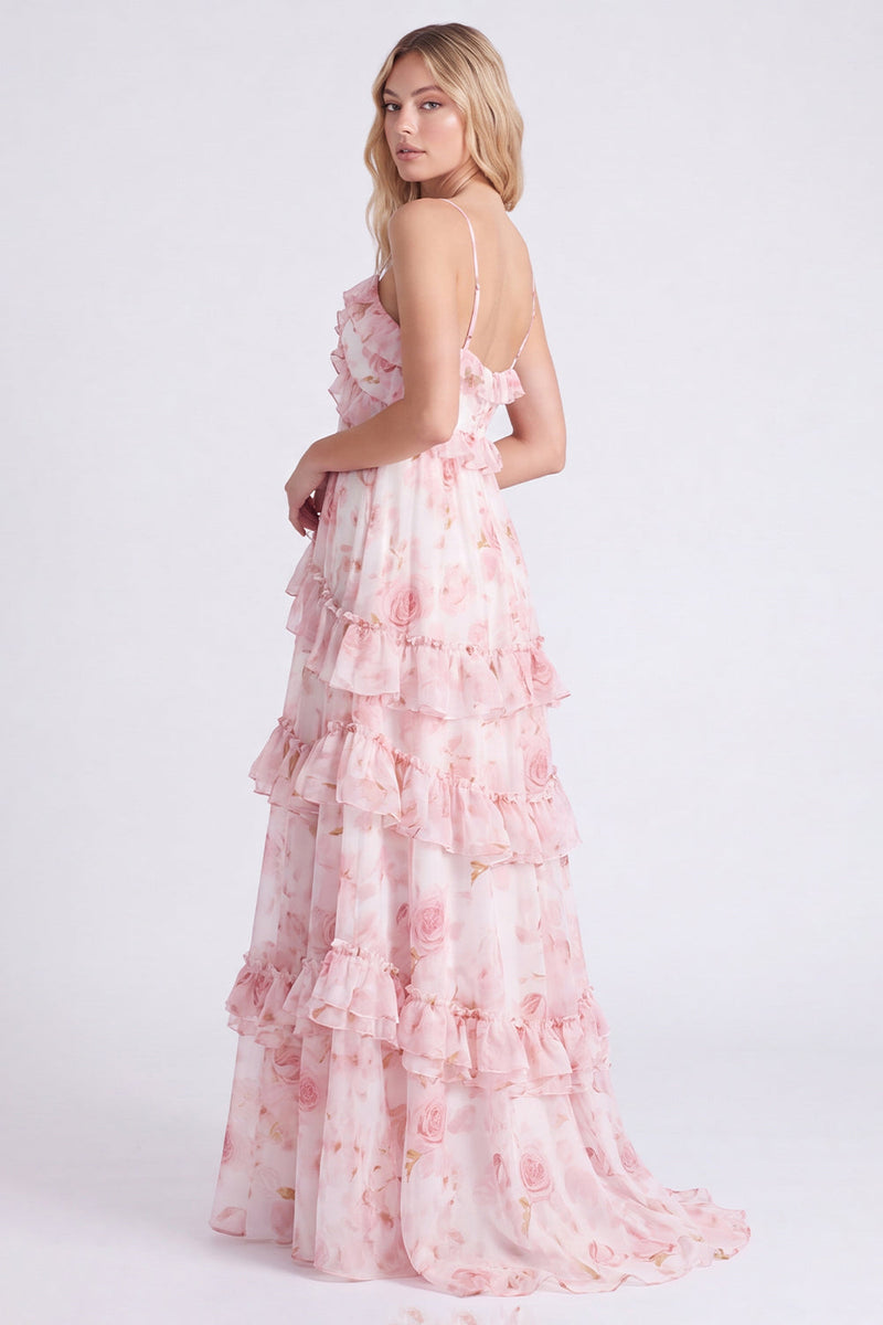 Laden Sie das Bild in den Galerie-Viewer, A-Linie Rosa Blumen Chiffon Gestuftes Spaghetti-Träger Langes Brautjungfernkleid mit Rüschen