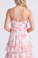 Laden Sie das Bild in den Galerie-Viewer, A-Linie Rosa Blumen Chiffon Gestuftes Spaghetti-Träger Langes Brautjungfernkleid mit Rüschen
