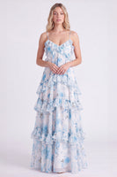Laden Sie das Bild in den Galerie-Viewer, A-Linie Rosa Blumen Chiffon Gestuftes Spaghetti-Träger Langes Brautjungfernkleid mit Rüschen