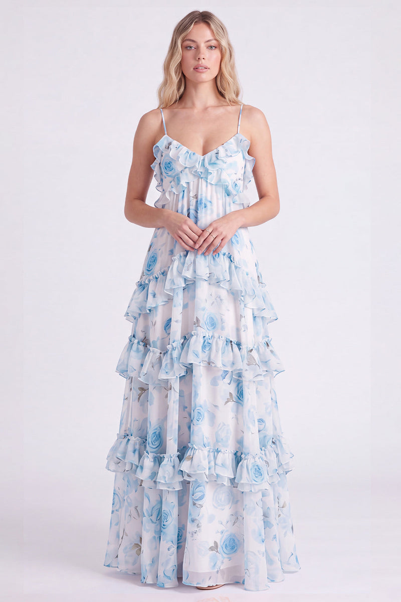 Laden Sie das Bild in den Galerie-Viewer, A-Linie Rosa Blumen Chiffon Gestuftes Spaghetti-Träger Langes Brautjungfernkleid mit Rüschen
