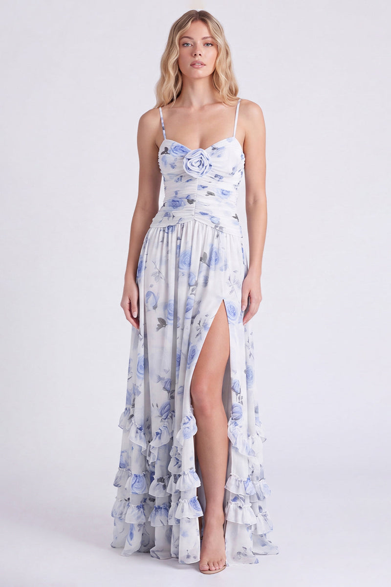 Laden Sie das Bild in den Galerie-Viewer, Hellblaues A-Linien-Floral-Chiffon-Spaghetti-Träger mit Rüschen langes Brautjungfernkleid mit Schlitz