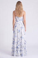 Laden Sie das Bild in den Galerie-Viewer, Hellblaues A-Linien-Floral-Chiffon-Spaghetti-Träger mit Rüschen langes Brautjungfernkleid mit Schlitz