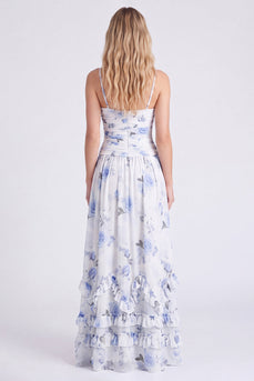 Hellblaues A-Linie Floral Chiffon Spaghetti-Träger Rüschen Langes Brautjungfernkleid mit Schlitz