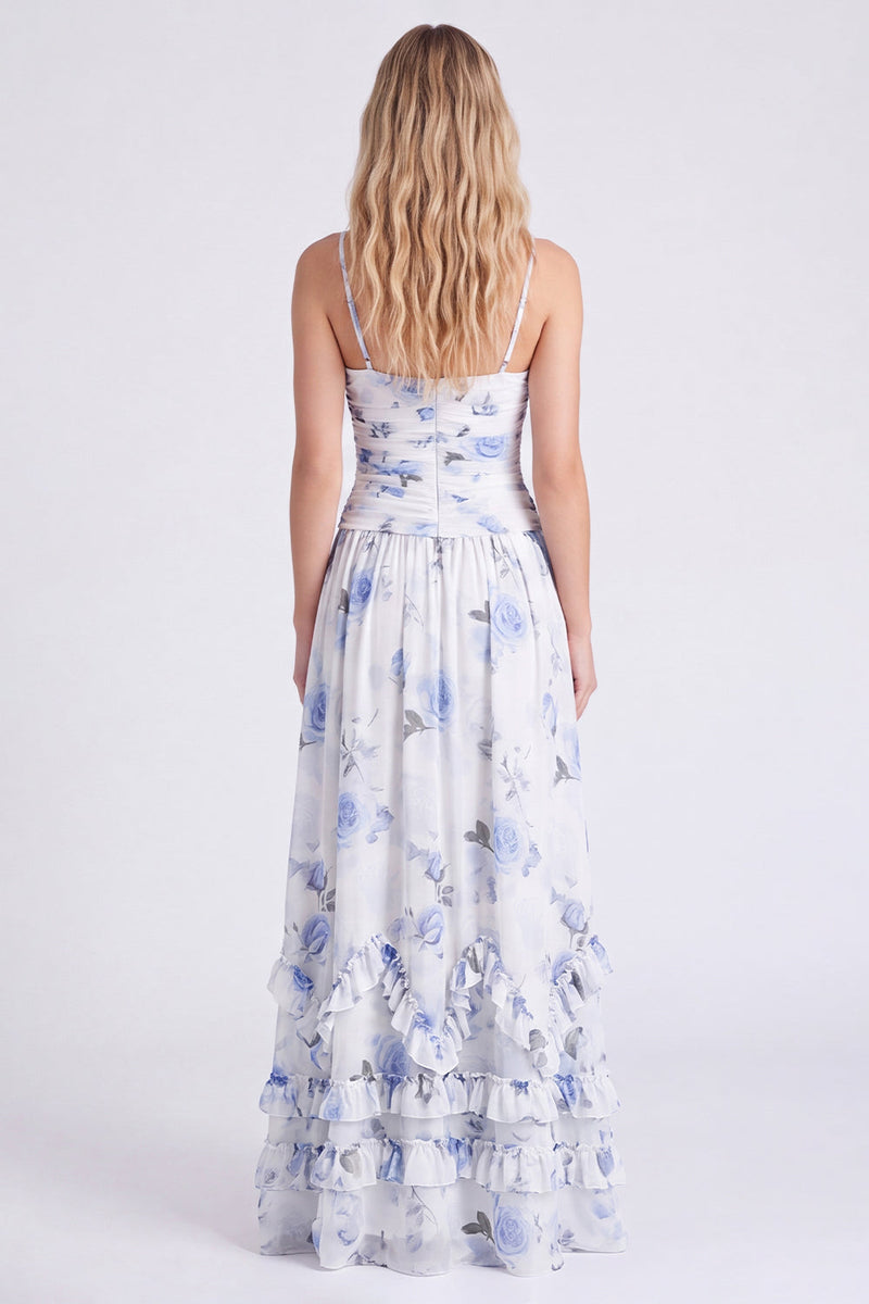 Laden Sie das Bild in den Galerie-Viewer, Hellblaues A-Linien-Floral-Chiffon-Spaghetti-Träger mit Rüschen langes Brautjungfernkleid mit Schlitz