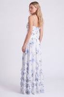 Laden Sie das Bild in den Galerie-Viewer, Hellblaues A-Linien-Floral-Chiffon-Spaghetti-Träger mit Rüschen langes Brautjungfernkleid mit Schlitz