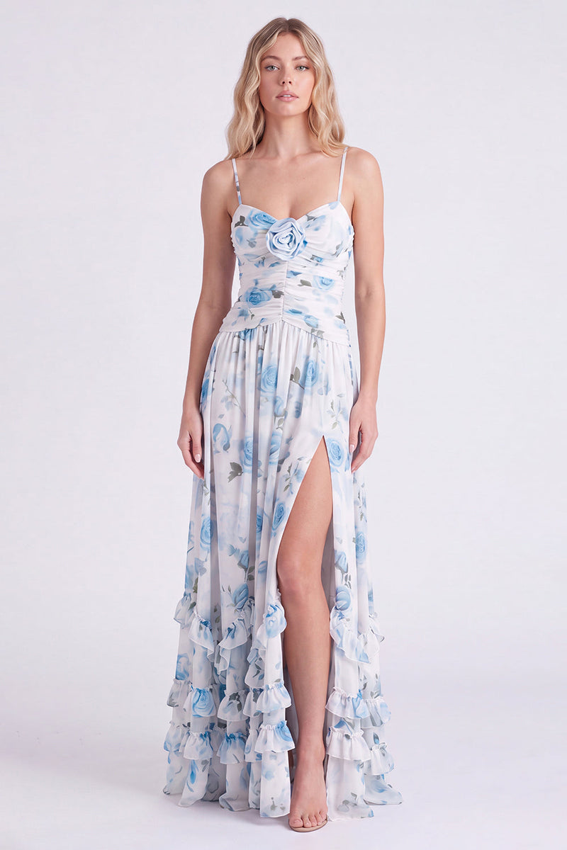Laden Sie das Bild in den Galerie-Viewer, Hellblaues A-Linien-Floral-Chiffon-Spaghetti-Träger mit Rüschen langes Brautjungfernkleid mit Schlitz