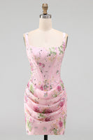 Laden Sie das Bild in den Galerie-Viewer, Rosa quadratischer Ausschnitt Bodycon mit gerafften, floralen Pailletten-Korsett-Heimkehrkleid