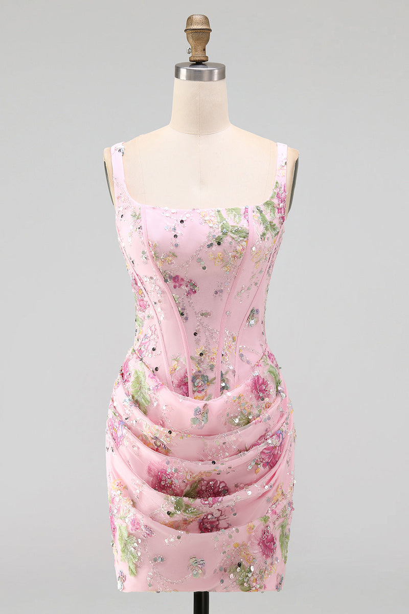 Laden Sie das Bild in den Galerie-Viewer, Rosa quadratischer Ausschnitt Bodycon mit gerafften, floralen Pailletten-Korsett-Heimkehrkleid