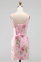 Laden Sie das Bild in den Galerie-Viewer, Rosa quadratischer Ausschnitt Bodycon mit gerafften, floralen Pailletten-Korsett-Heimkehrkleid