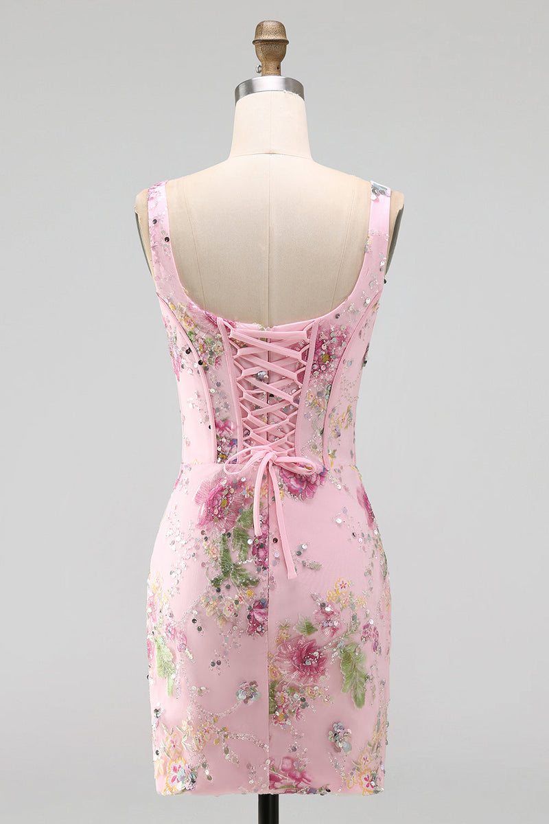 Laden Sie das Bild in den Galerie-Viewer, Rosa quadratischer Ausschnitt Bodycon mit gerafften, floralen Pailletten-Korsett-Heimkehrkleid