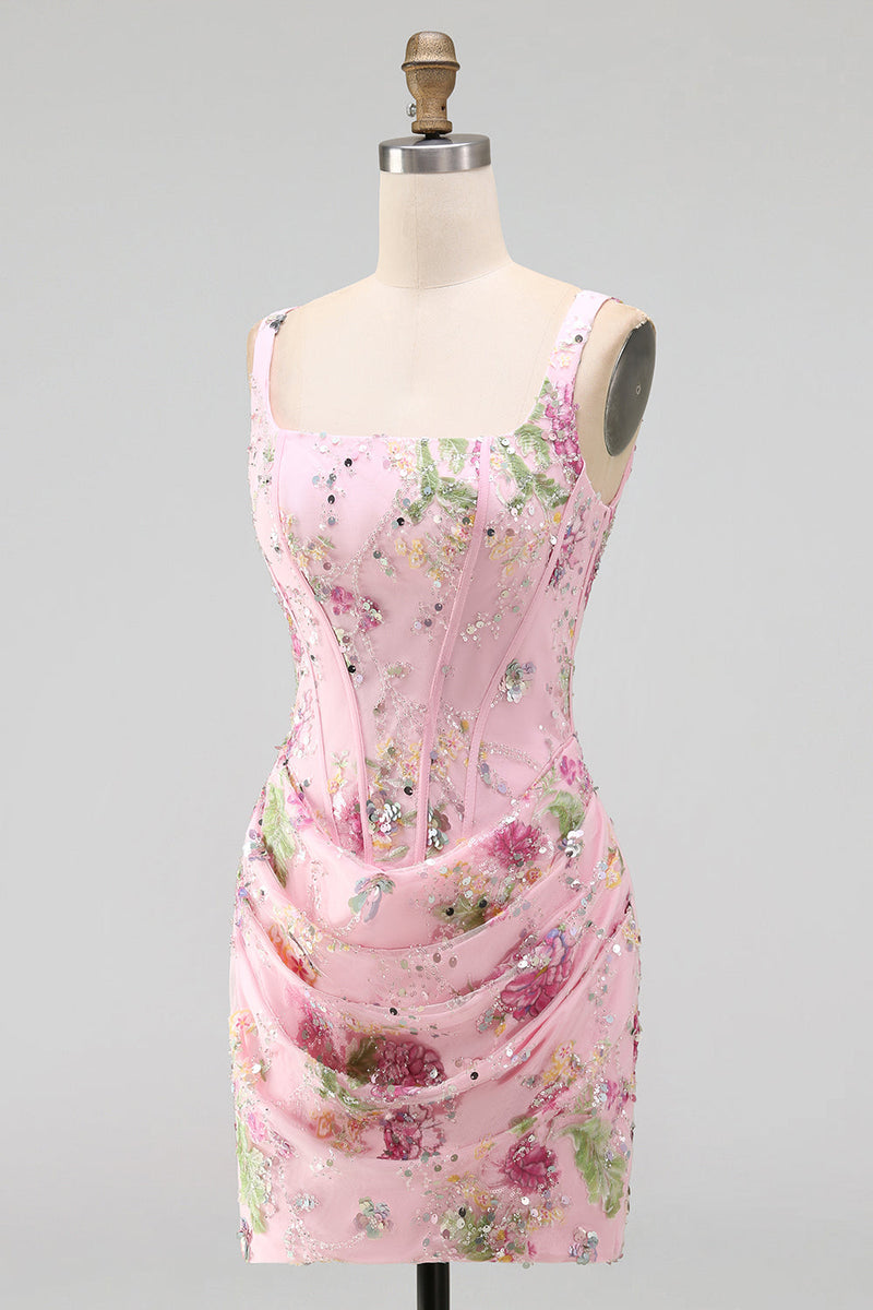 Laden Sie das Bild in den Galerie-Viewer, Rosa quadratischer Ausschnitt Bodycon mit gerafften, floralen Pailletten-Korsett-Heimkehrkleid
