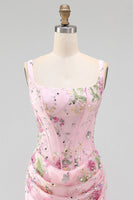 Laden Sie das Bild in den Galerie-Viewer, Rosa quadratischer Ausschnitt Bodycon mit gerafften, floralen Pailletten-Korsett-Heimkehrkleid