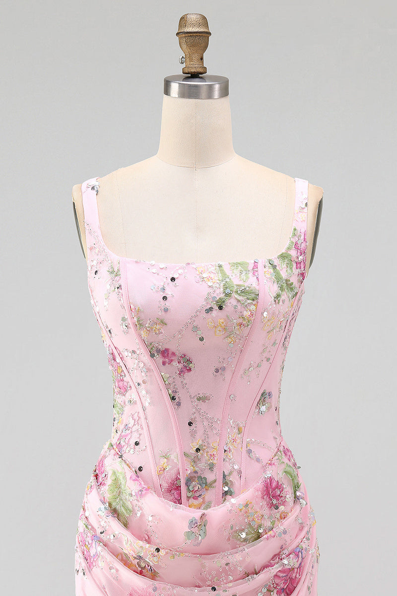 Laden Sie das Bild in den Galerie-Viewer, Rosa quadratischer Ausschnitt Bodycon mit gerafften, floralen Pailletten-Korsett-Heimkehrkleid