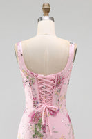 Laden Sie das Bild in den Galerie-Viewer, Rosa quadratischer Ausschnitt Bodycon mit gerafften, floralen Pailletten-Korsett-Heimkehrkleid