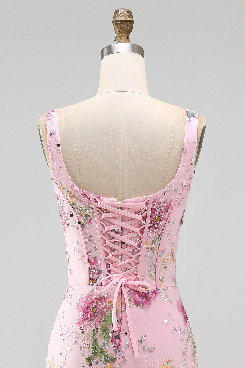 Laden Sie das Bild in den Galerie-Viewer, Rosa quadratischer Ausschnitt Bodycon mit gerafften, floralen Pailletten-Korsett-Heimkehrkleid
