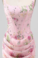 Laden Sie das Bild in den Galerie-Viewer, Rosa quadratischer Ausschnitt Bodycon mit gerafften, floralen Pailletten-Korsett-Heimkehrkleid