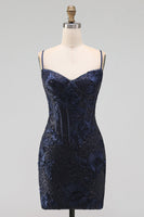 Laden Sie das Bild in den Galerie-Viewer, Marineblauer Bodycon Blumenstickerei Korsett, Pailletten, kurzes Homecoming-Kleid