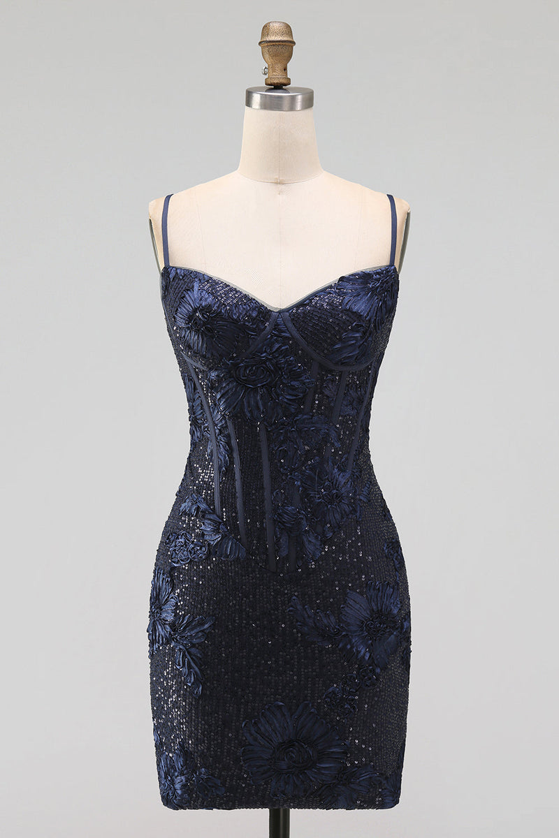 Laden Sie das Bild in den Galerie-Viewer, Marineblauer Bodycon Blumenstickerei Korsett, Pailletten, kurzes Homecoming-Kleid