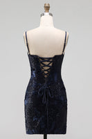 Laden Sie das Bild in den Galerie-Viewer, Marineblauer Bodycon Blumenstickerei Korsett, Pailletten, kurzes Homecoming-Kleid