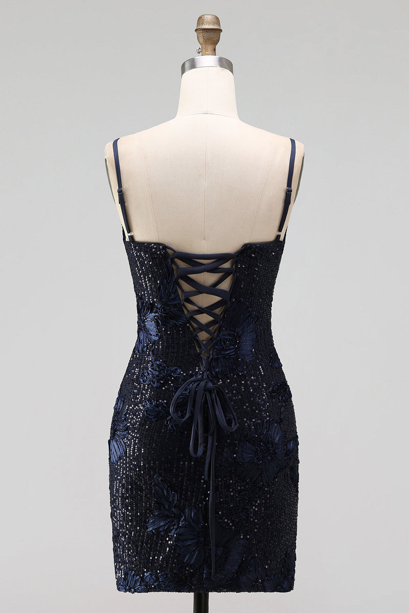 Laden Sie das Bild in den Galerie-Viewer, Marineblauer Bodycon Blumenstickerei Korsett, Pailletten, kurzes Homecoming-Kleid