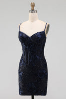Laden Sie das Bild in den Galerie-Viewer, Marineblauer Bodycon Blumenstickerei Korsett, Pailletten, kurzes Homecoming-Kleid