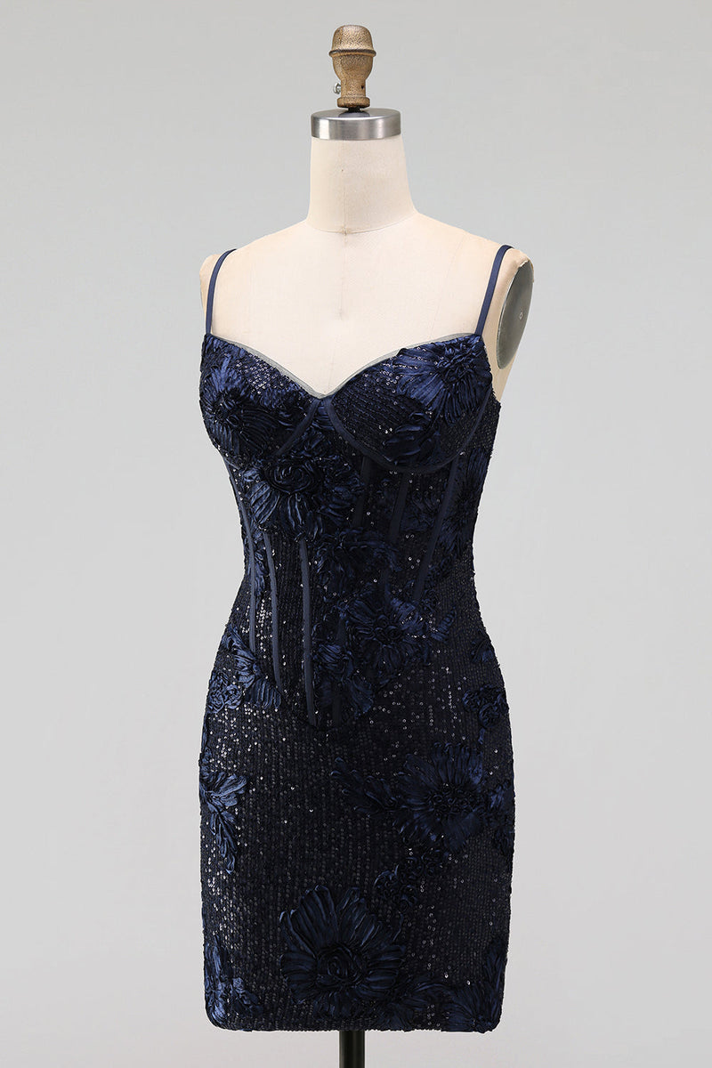 Laden Sie das Bild in den Galerie-Viewer, Marineblauer Bodycon Blumenstickerei Korsett, Pailletten, kurzes Homecoming-Kleid