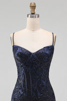 Laden Sie das Bild in den Galerie-Viewer, Marineblauer Bodycon Blumenstickerei Korsett, Pailletten, kurzes Homecoming-Kleid