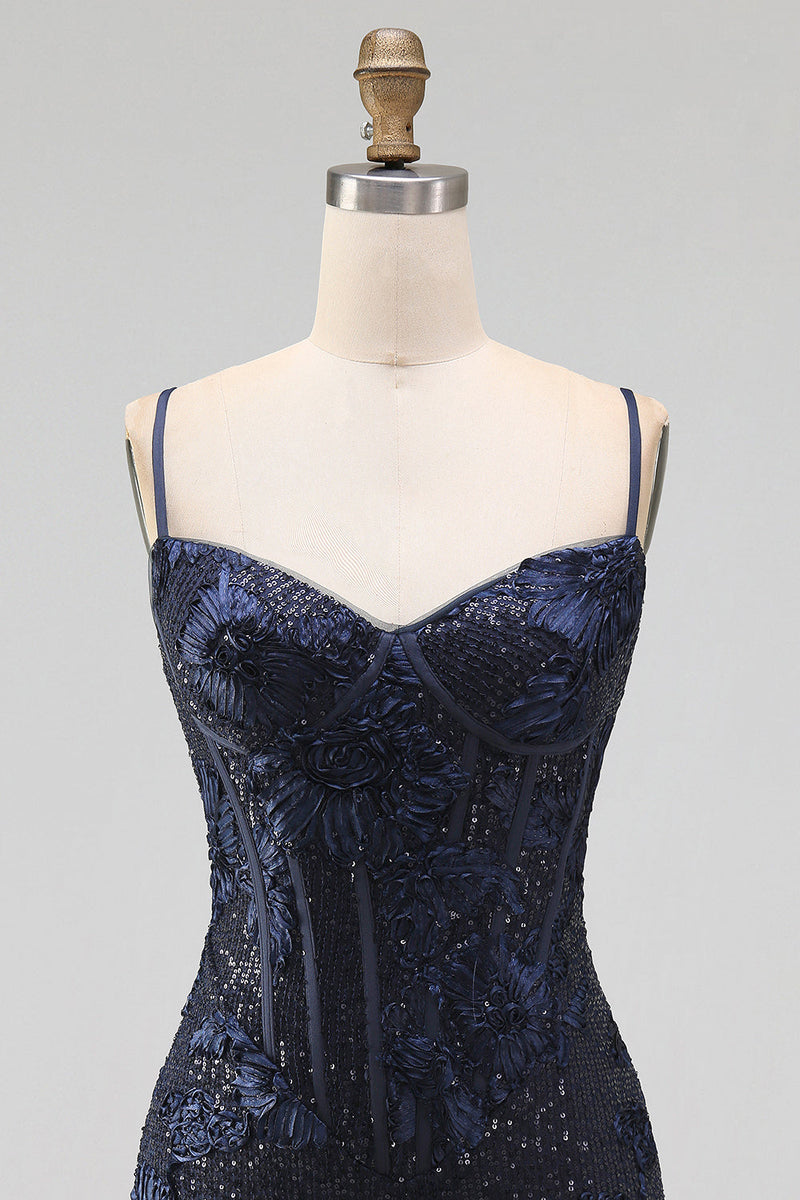 Laden Sie das Bild in den Galerie-Viewer, Marineblauer Bodycon Blumenstickerei Korsett, Pailletten, kurzes Homecoming-Kleid
