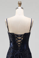 Laden Sie das Bild in den Galerie-Viewer, Marineblauer Bodycon Blumenstickerei Korsett, Pailletten, kurzes Homecoming-Kleid