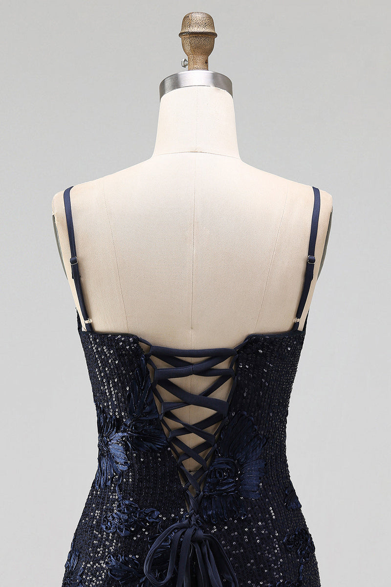 Laden Sie das Bild in den Galerie-Viewer, Marineblauer Bodycon Blumenstickerei Korsett, Pailletten, kurzes Homecoming-Kleid