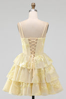 Laden Sie das Bild in den Galerie-Viewer, Daffodil A-Linie gestufte Rüschen Kurzes Homecoming-Kleid mit Blumenstickerei