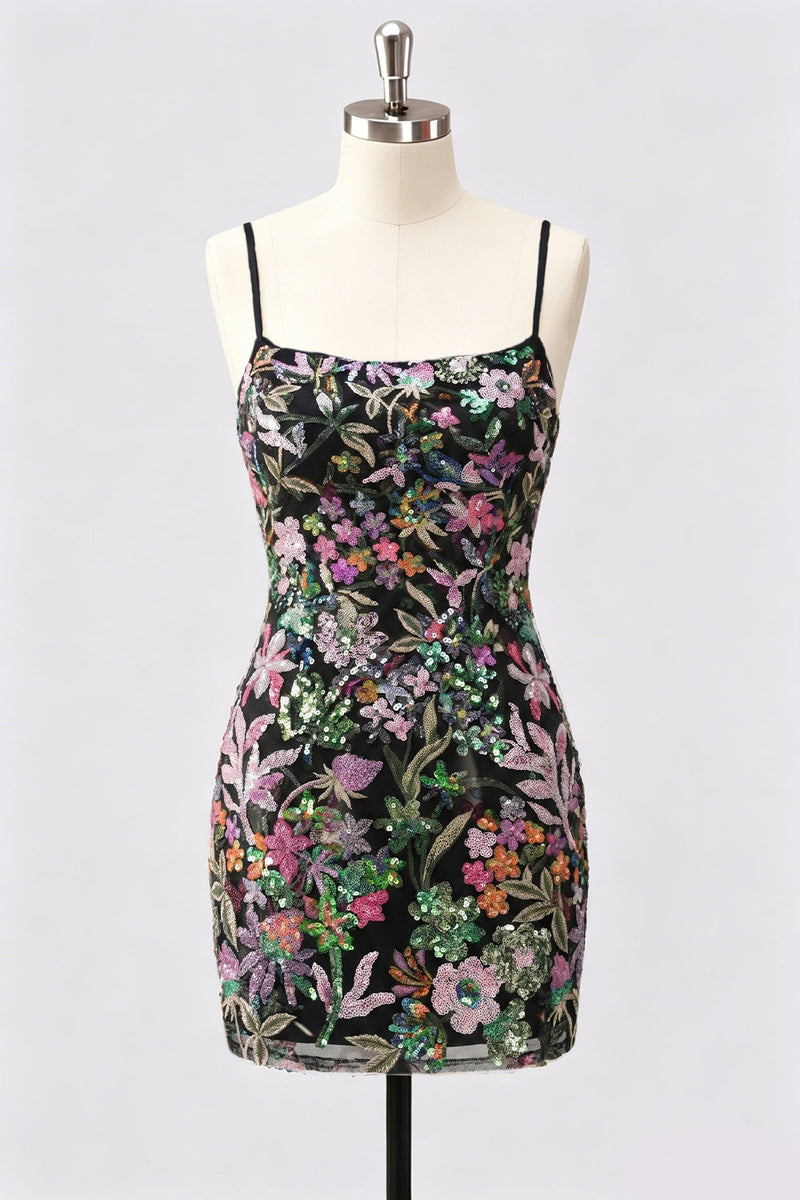 Laden Sie das Bild in den Galerie-Viewer, Lilac Bodycon Blumenstickerei Pailletten Kurzes Homecoming-Kleid mit Schnürung hinten