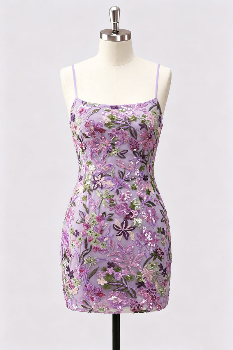 Laden Sie das Bild in den Galerie-Viewer, Lilac Bodycon Blumenstickerei Pailletten Kurzes Homecoming-Kleid mit Schnürung hinten