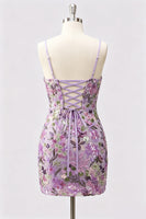 Laden Sie das Bild in den Galerie-Viewer, Lilac Bodycon Blumenstickerei Pailletten Kurzes Homecoming-Kleid mit Schnürung hinten
