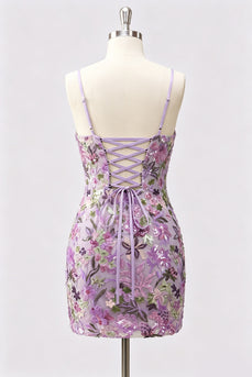 Lilac Bodycon Blumenstickerei Pailletten Kurzes Abendkleid mit Schnürung