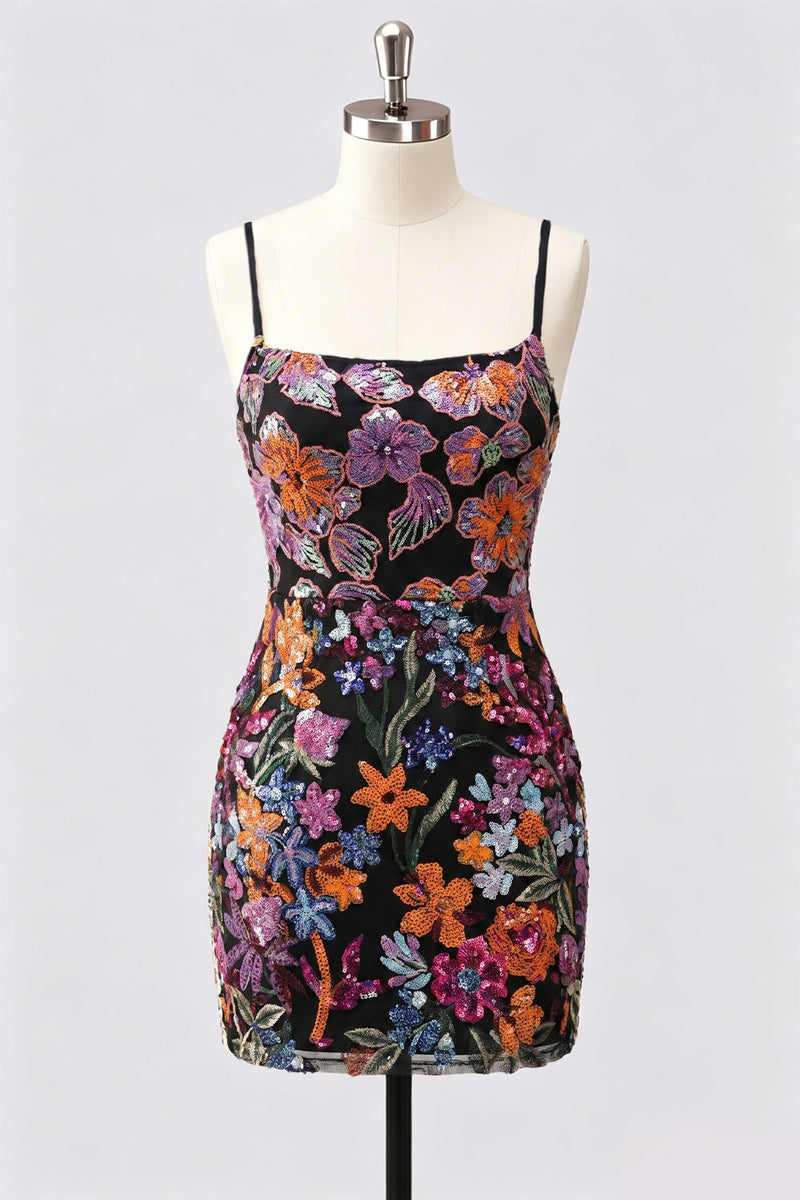 Laden Sie das Bild in den Galerie-Viewer, Lilac Bodycon Blumenstickerei Pailletten Kurzes Homecoming-Kleid mit Schnürung hinten