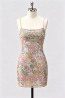 Laden Sie das Bild in den Galerie-Viewer, Lilac Bodycon Blumenstickerei Pailletten Kurzes Homecoming-Kleid mit Schnürung hinten